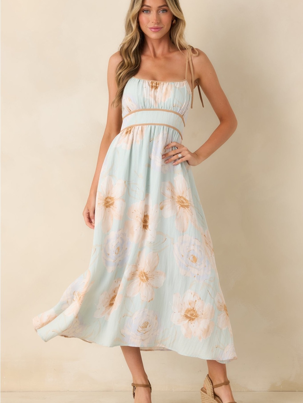 Blu Pepper BLOOMING IN WATERCOLOR MINT GREEN FLORAL TIE STRAP MIDI DRESS NWT L